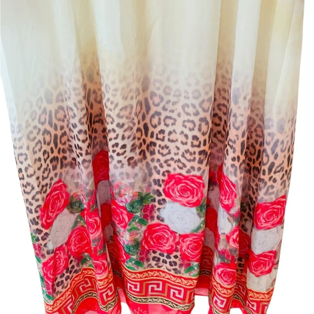 Boho Sheer Kaftan Kimono Dress Cover Up Leopard Rose Print Grecian Border Medium - Picture 7 of 8